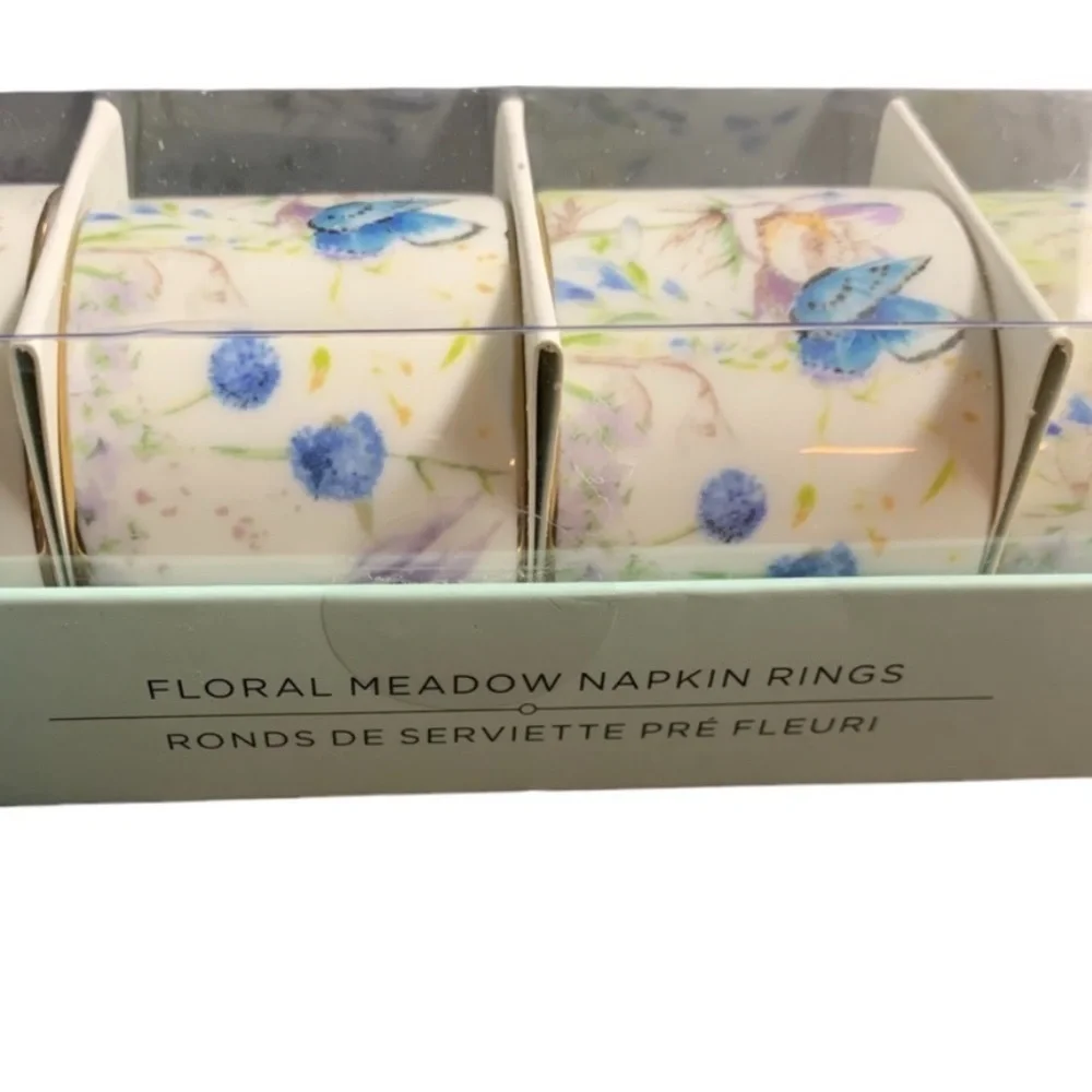 William Sonoma Floral Meadow Napkin Rings Set of 6 Easter Regency Whimsical NEW